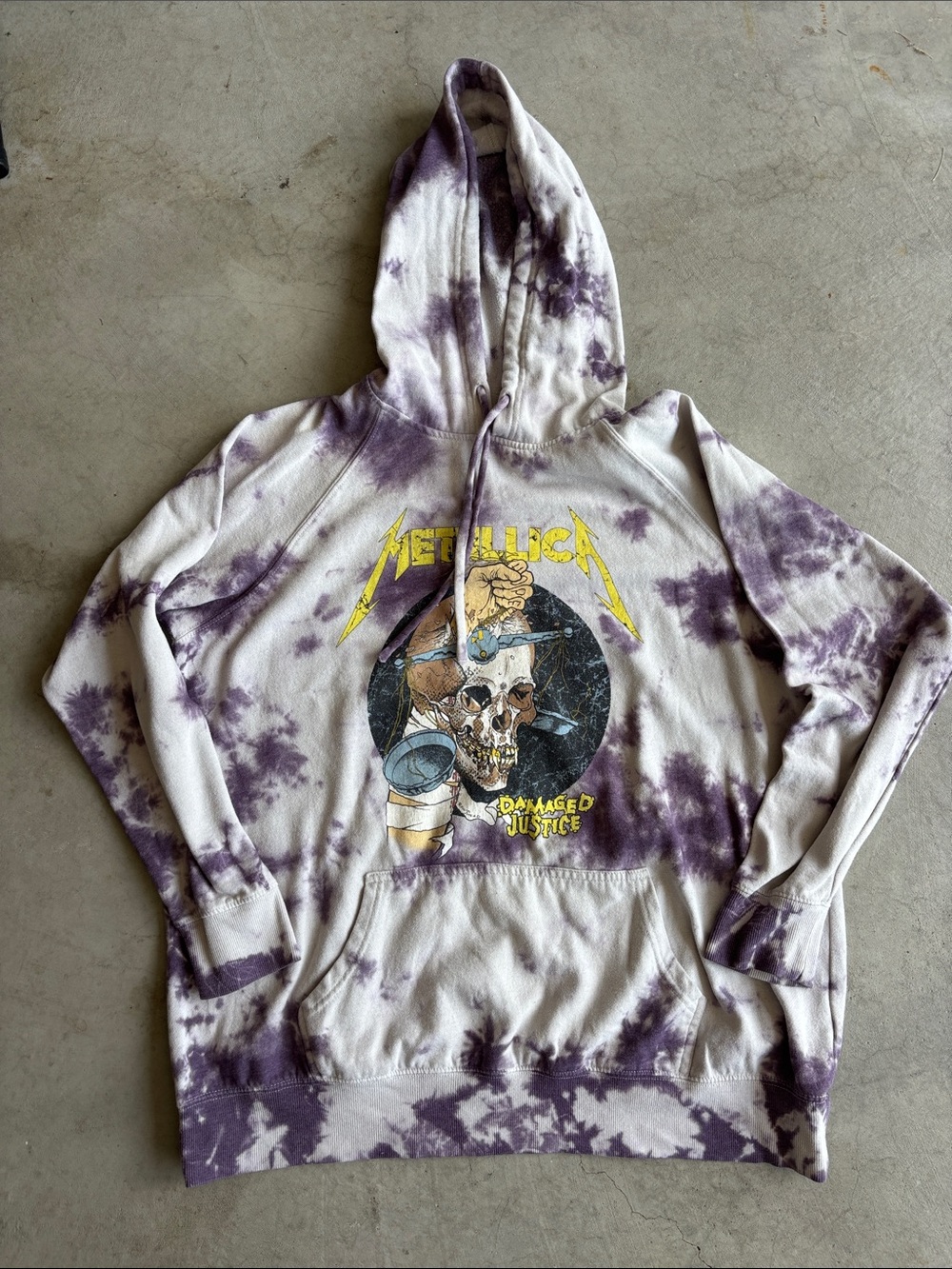Metallica Damaged Justice Tie Dye Hoodie Purple White Graphic Band Sweatshirt L